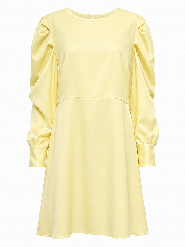 【新品DRESS 905】ボリュームスリーブワンカラーフレアミニドレス イエロー【Closet】